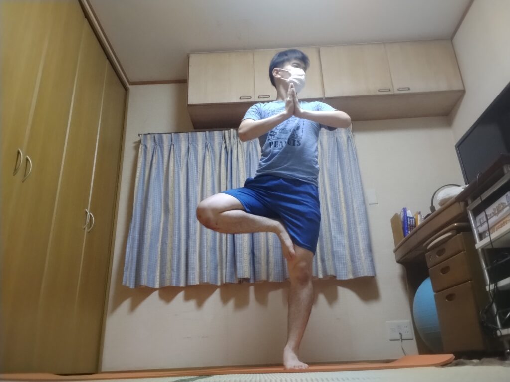 ツリーポーズを横向きから見た男性のヨガポーズ